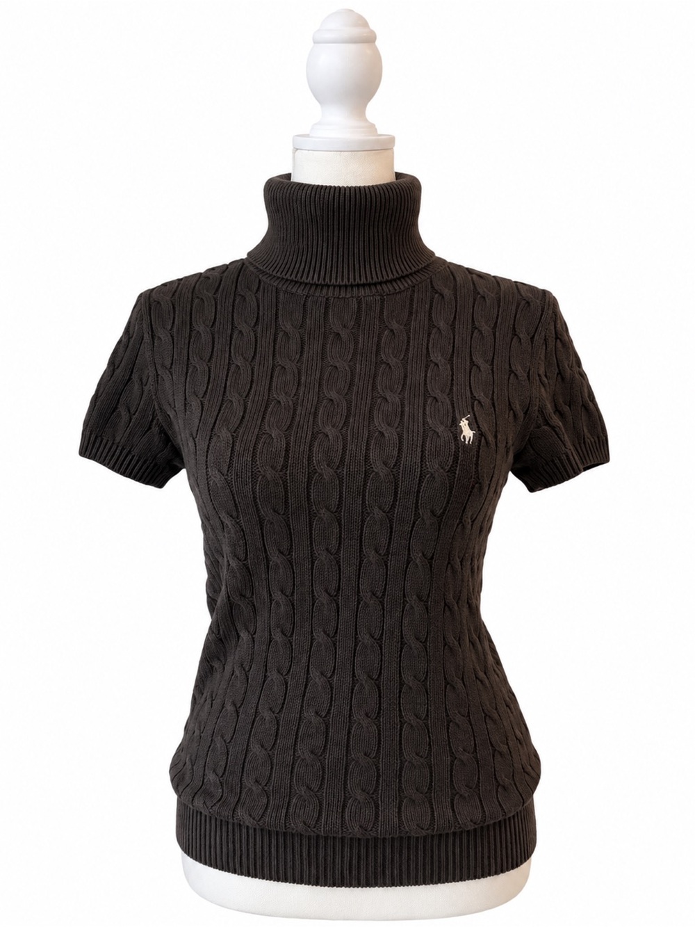 Ralph Lauren Charcoal Cable Knit Short-Sleeve Turtleneck Sweater